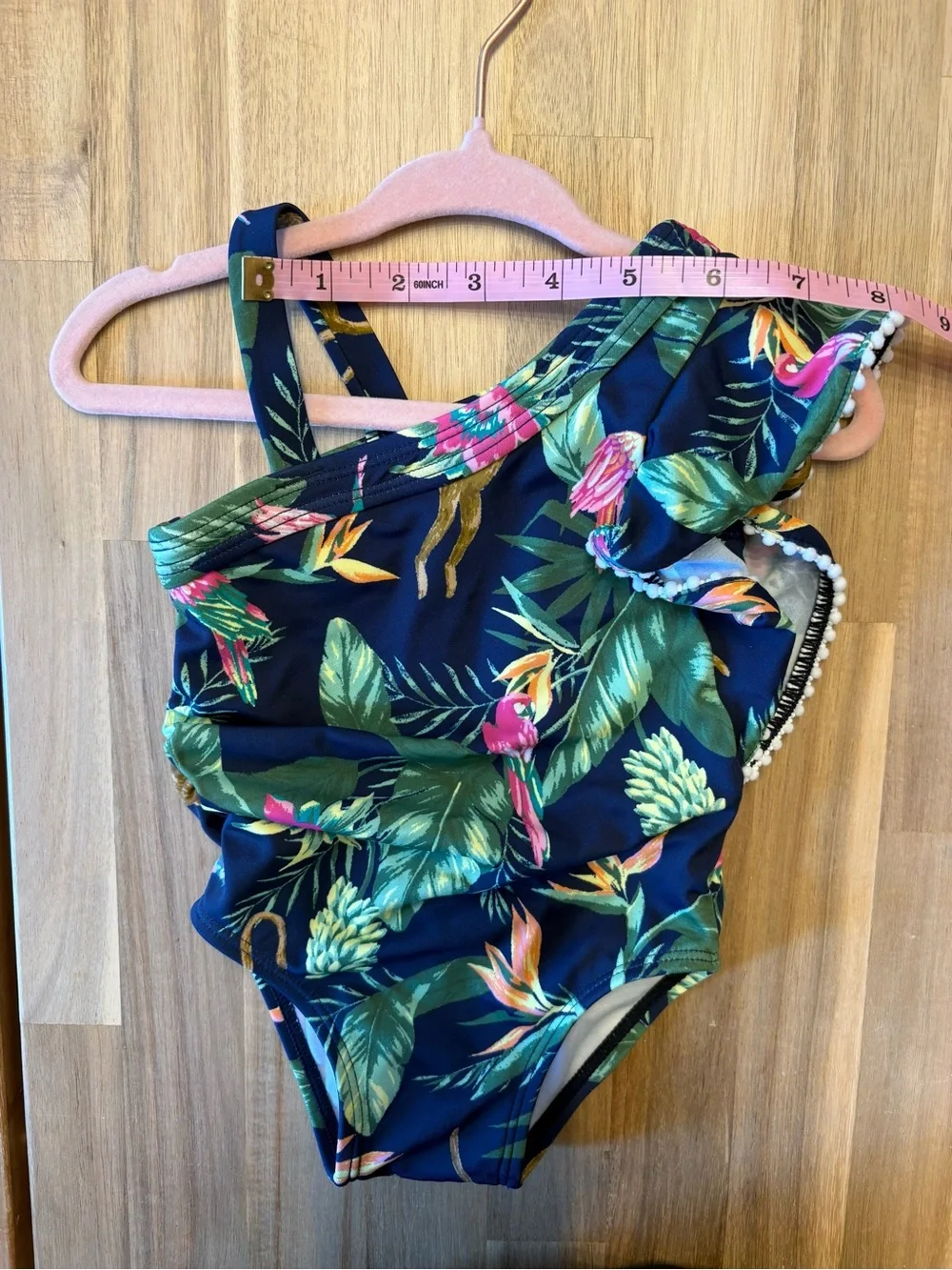 Janie and Jack Navy Tropical Asymmetrical One-Shoulder Ruffle Baby Girl Swimsuit